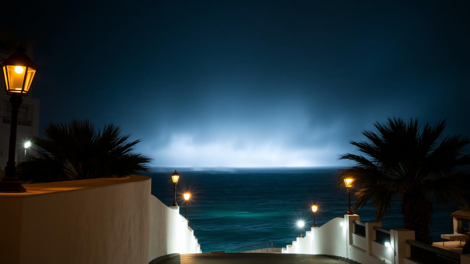 The Balcón de Europa in Nerja at night, lit by amber street lamps